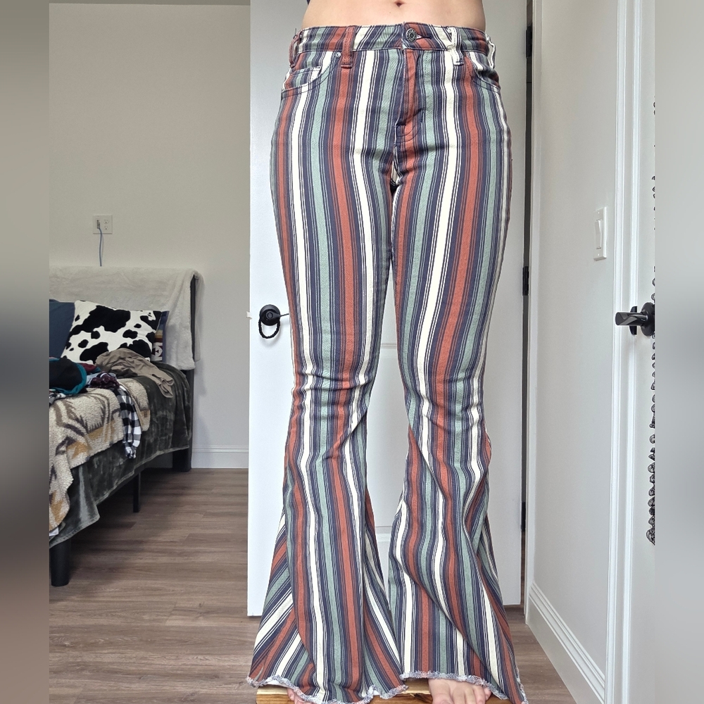 Rock & Roll Cowgirl High-Rise Striped Flare Jeans - Rust, Navy, Cream